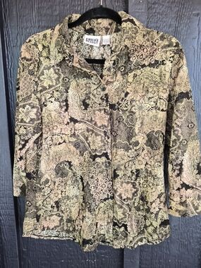 Chico's Vintage Printed Mesh and Lace-patterned blouse